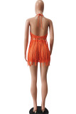 Red Sexy Solid Tassel Hollowed Out Patchwork Halter Sleeveless Two Pieces