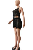 Red Sexy Solid Tassel Hollowed Out Patchwork Halter Sleeveless Two Pieces