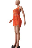 Red Sexy Solid Tassel Hollowed Out Patchwork Halter Sleeveless Two Pieces
