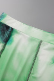 Green Sexy Print Hollowed Out Patchwork Half A Turtleneck Long Sleeve Two Pieces