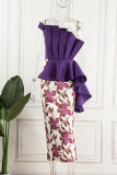 Purple Elegant Print Patchwork Flounce Strapless Evening Dress Dresses