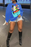 Blue Daily Cute Print Patchwork O Neck Tops