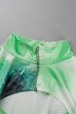 Green Sexy Print Hollowed Out Patchwork Half A Turtleneck Long Sleeve Two Pieces
