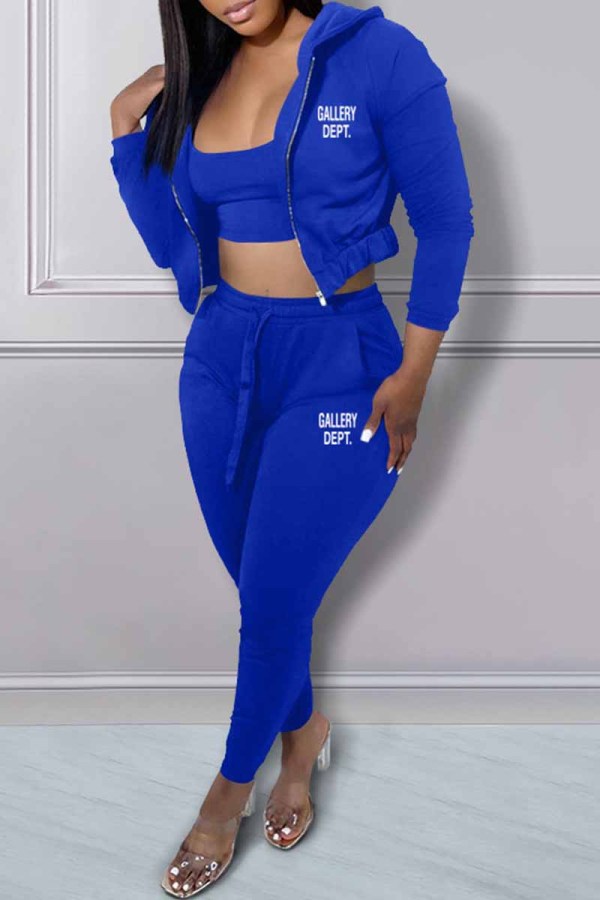 Blue Sexy Print Letter Hooded Collar Three Pieces