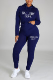 Deep Blue Casual Print Patchwork Hooded Collar Long Sleeve Two Pieces