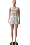 Red Sexy Solid Tassel Hollowed Out Patchwork Halter Sleeveless Two Pieces