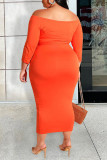 Tangerine Red Casual Print Bandage Patchwork Off the Shoulder One Step Skirt Plus Size Dresses