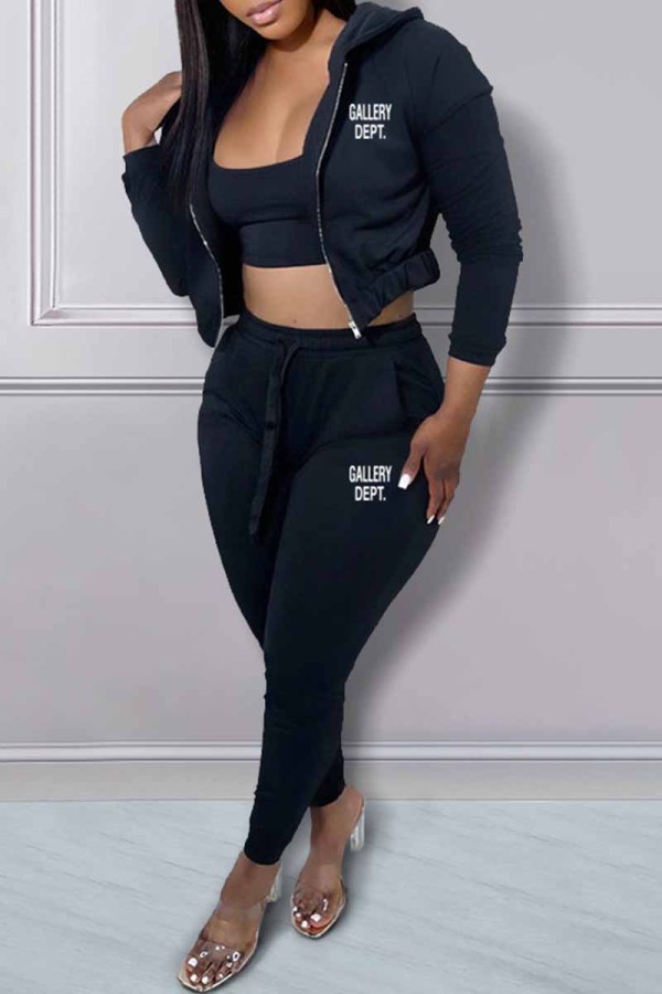 Black Sexy Print Letter Hooded Collar Three Pieces