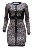Black Casual Print Patchwork Buttons O Neck One Step Skirt Dresses