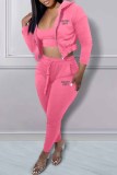 Pink Sexy Print Letter Hooded Collar Three Pieces