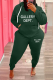 Green Street Print Draw String Letter Hooded Collar Plus Size Two Pieces