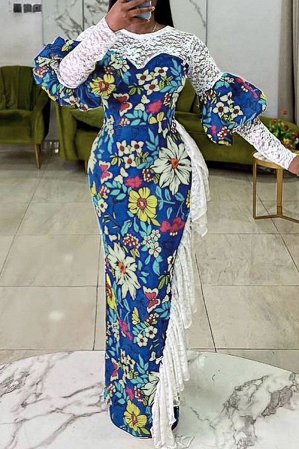 Blue Elegant Print Patchwork O Neck Evening Dress Dresses