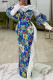 Blue Elegant Print Patchwork O Neck Evening Dress Dresses