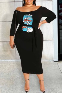 Black Sexy Print Letter Off the Shoulder One Step Skirt Plus Size Dresses