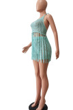 Red Sexy Solid Tassel Hollowed Out Patchwork Halter Sleeveless Two Pieces