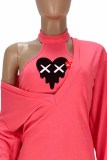 Rose Red Sexy Casual Print Patchwork O Neck Long Sleeve Two Pieces