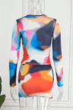 Colour Sexy Print Patchwork O Neck Long Sleeve Two Pieces