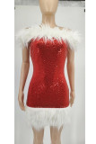 Red Sexy Solid Patchwork Feathers Strapless One Step Skirt Dresses(Without Belt)