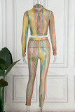 Yellow Casual Print Patchwork Turndown Collar Long Sleeve Two Pieces