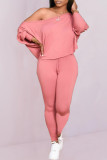 Pink Casual Solid Patchwork Oblique Collar Long Sleeve Two Pieces