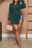 Ink Green Sexy Casual Solid See-through Shirt Collar Tops