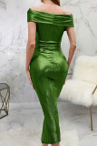Green Sexy Solid Patchwork Slit Off the Shoulder Pencil Skirt Dresses