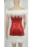 Red Sexy Solid Patchwork Feathers Strapless One Step Skirt Dresses(Without Belt)