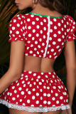 Red Sexy Print Patchwork With Bow Square Collar Short Sleeve Two Pieces(Include A Hat)