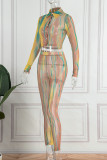 Yellow Casual Print Patchwork Turndown Collar Long Sleeve Two Pieces