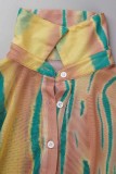 Yellow Casual Print Patchwork Turndown Collar Long Sleeve Two Pieces