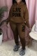 Coffee Casual Print Letter Hooded Collar Long Sleeve Two Pieces