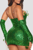 Green Sexy Solid Patchwork Asymmetrical Strapless Sling Dress Dresses(With Sleelves)
