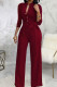 Burgundy Casual Solid Bandage Patchwork Buckle Mandarin Collar Straight Jumpsuits