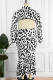 Black Sexy Casual Print Leopard Hollowed Out Turtleneck Plus Size Two Pieces