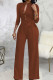 Camel Casual Solid Bandage Patchwork Buckle Mandarin Collar Straight Jumpsuits
