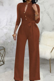 Rose Red Casual Solid Bandage Patchwork Buckle Mandarin Collar Straight Jumpsuits