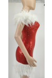 Red Sexy Solid Patchwork Feathers Strapless One Step Skirt Dresses(Without Belt)