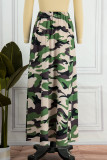 Green Casual Camouflage Print Patchwork Slit Zipper Regular High Waist Skirts (Subject To The Actual Object)
