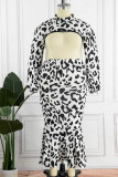 Black Sexy Casual Print Leopard Hollowed Out Turtleneck Plus Size Two Pieces