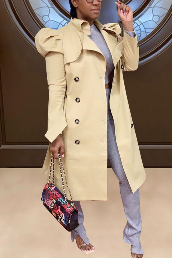 Khaki Casual Solid With Belt Turndown Collar Outerwear