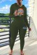Army Green Street Character Print Letter Hooded Collar Long Sleeve Two Pieces