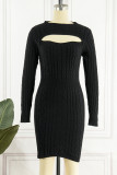 Black Casual Solid Hollowed Out Patchwork O Neck Long Sleeve Dresses