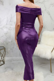 Purple Sexy Solid Patchwork Slit Off the Shoulder Pencil Skirt Dresses