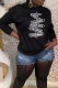 Black Street Basis Print Patchwork Letter O Neck Tops