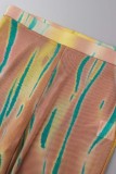 Yellow Casual Print Patchwork Turndown Collar Long Sleeve Two Pieces