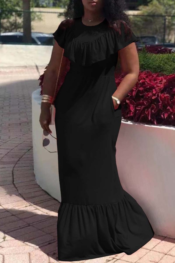 Black Fashion Casual Solid Patchwork O Neck Short Sleeve Dress