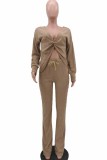 Khaki Fashion Sexy Adult Solid Patchwork V Neck Long Sleeve Off The Shoulder Longer In The Rear Two Pieces