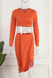 Orange Sexy Solid Patchwork Asymmetrical V Neck Long Sleeve Two Pieces