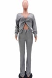 Grey Fashion Sexy Adult Solid Patchwork V Neck Long Sleeve Off The Shoulder Longer In The Rear Two Pieces