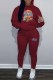 Burgundy Casual Character Letter Hooded Collar Long Sleeve Two Pieces
